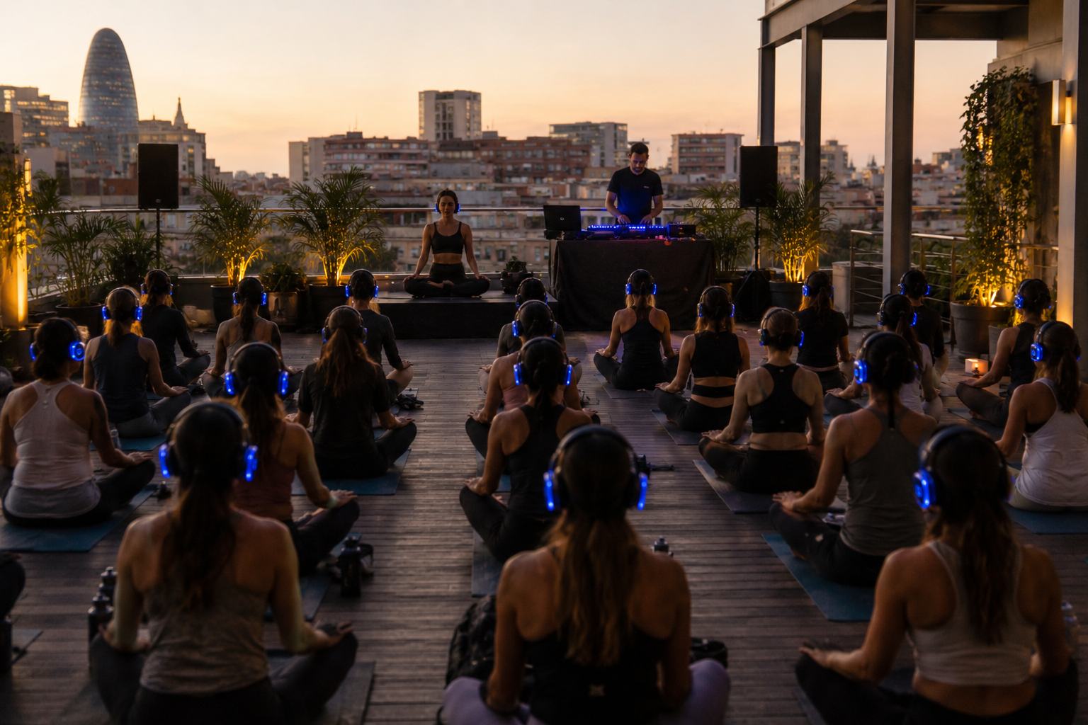 Sessió de yoga de SABDA Mobile en un terrat al capvespre sobre el skyline de Barcelona